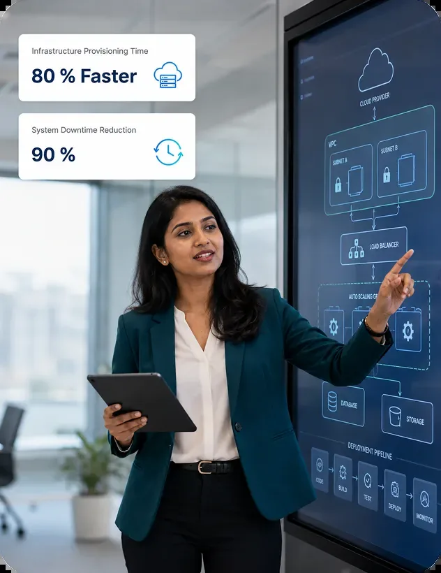 DevOps engineer presenting cloud infrastructure and CI/CD pipeline with faster provisioning and reduced downtime