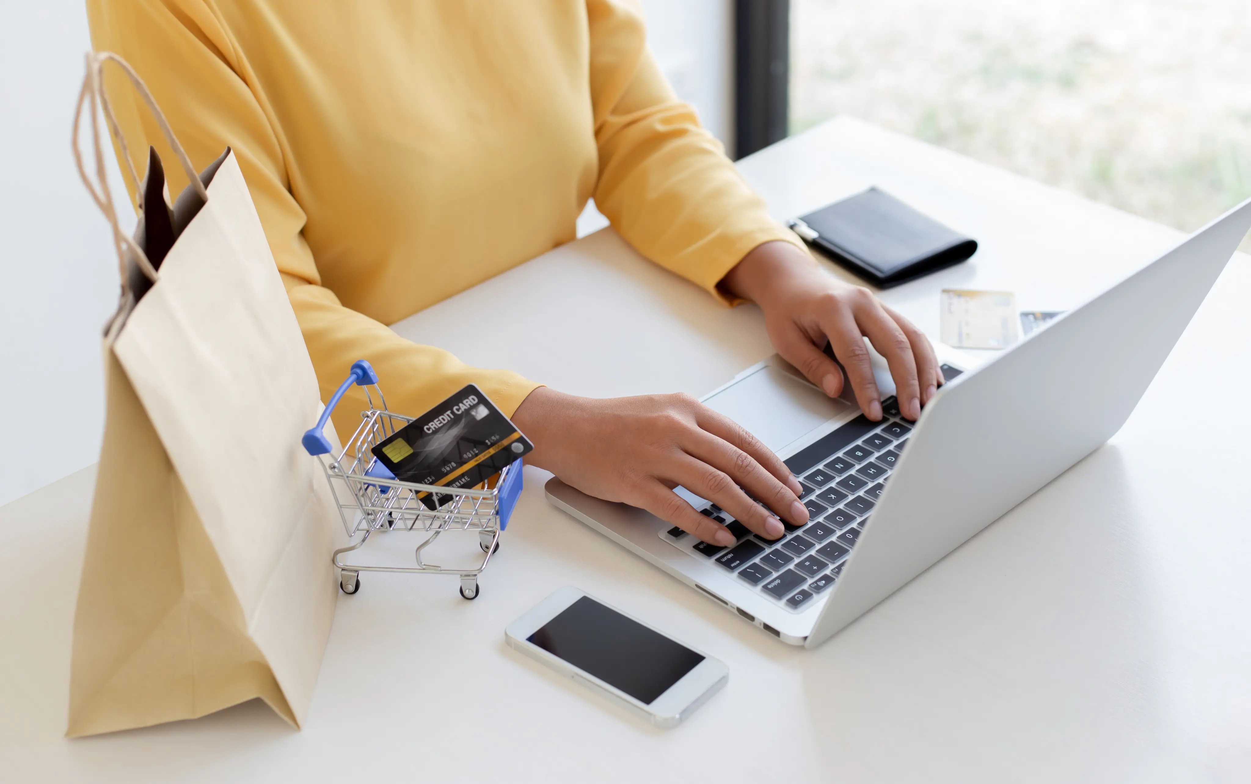 Retail & eCommerce — shopper with laptop and card