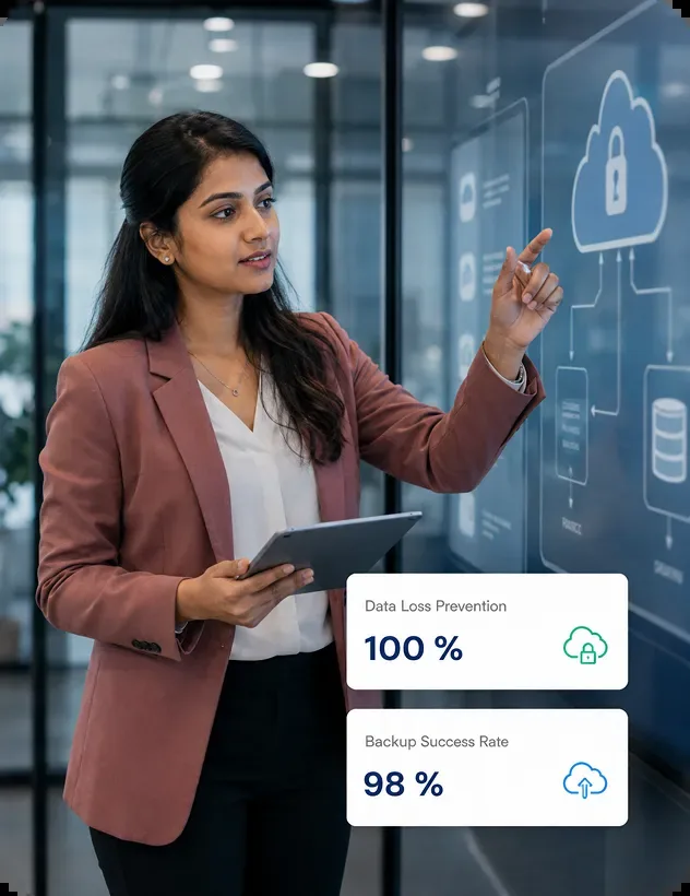 Cloud security expert reviewing data loss prevention and backup success metrics on a digital architecture board